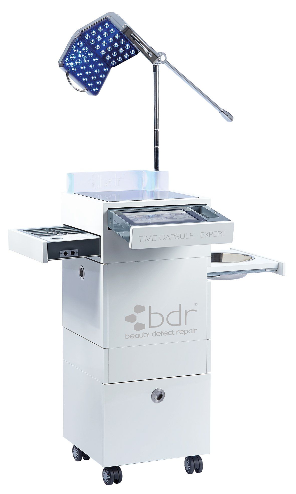 Ein weißes BDR-Medizingerät mit blauem Lichtpanel, Bedienfeld und Schubladen auf Rädern.
