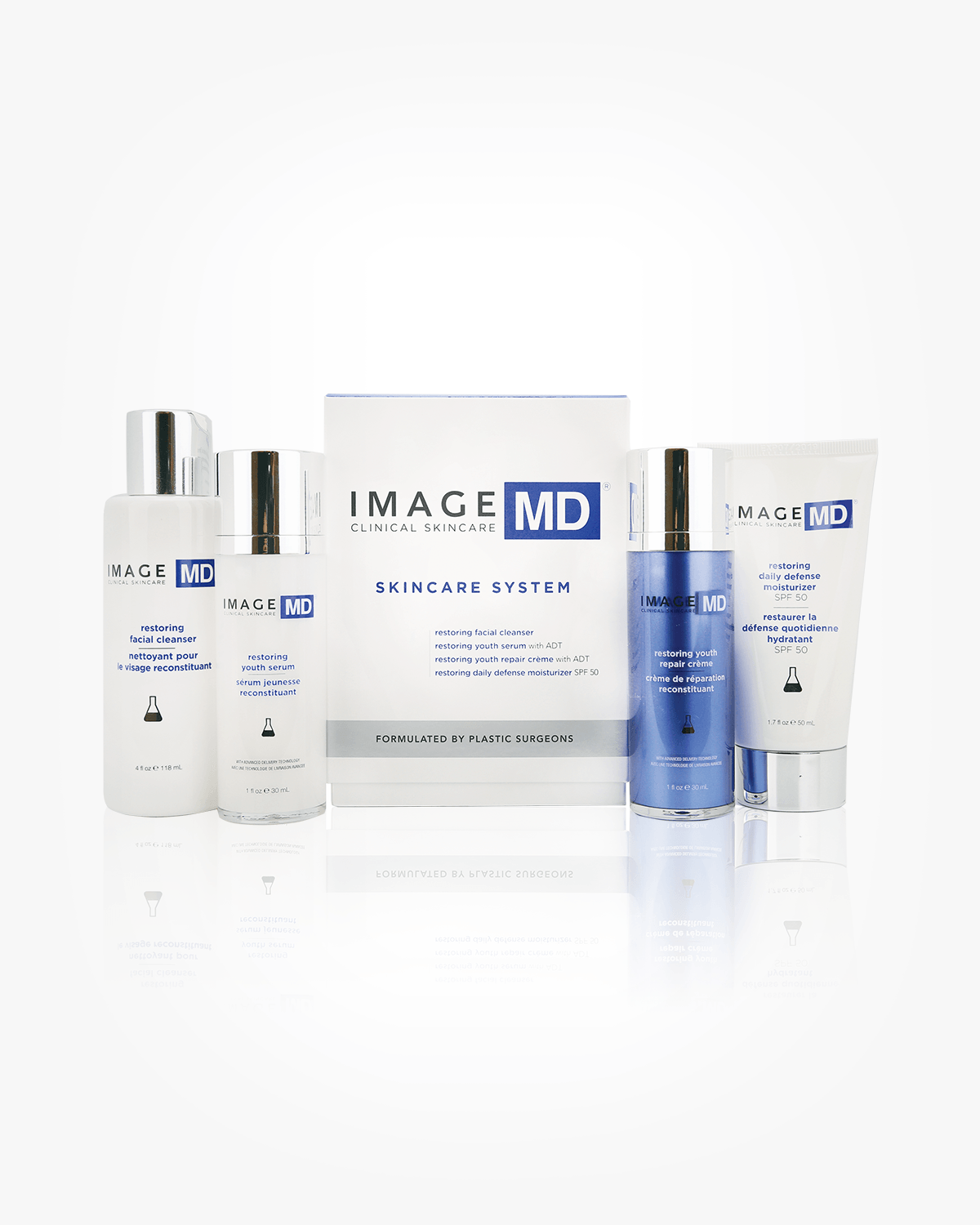 Image MD Hautpflegesystem-Set mit fünf verschiedenen Produkten in weißer und silberner Verpackung.