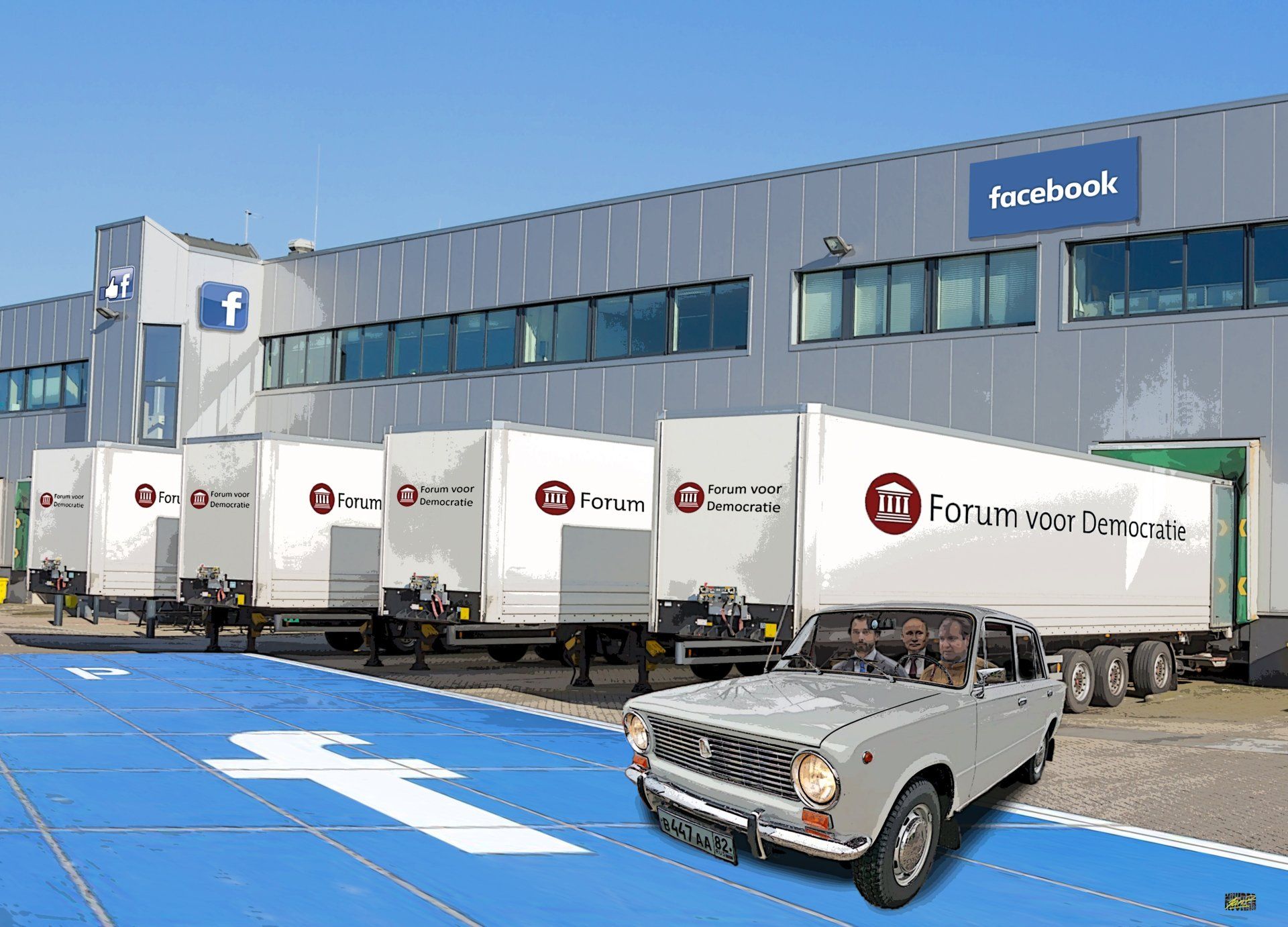 Vrachtwagenlaadplaats buiten een magazijn met meerdere witte trailers en een zilverkleurige auto ervoor.