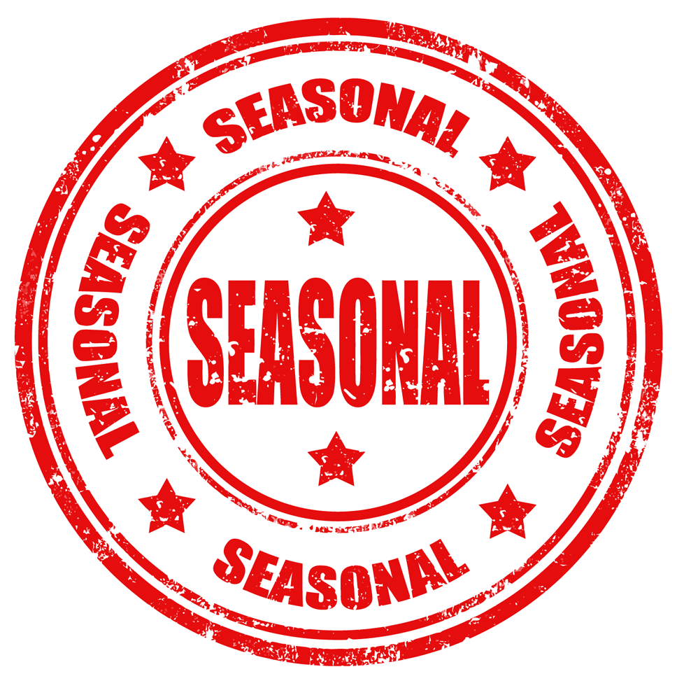 Red circular stamp with the word “SEASONAL” repeated around and across the center in red.