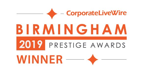 Corporate LiveWire Birmingham 2019 Prestige Awards Winner logo, orange and white.