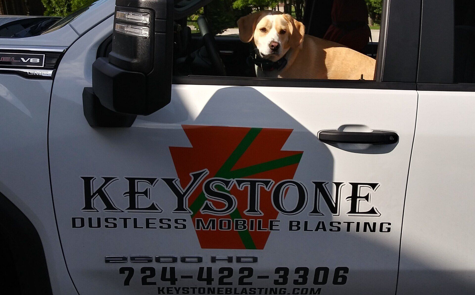 Dog Inside the Keystone's Service Truck — Indiana, PA — Keystone Dustless Mobile Media Blasting LLC