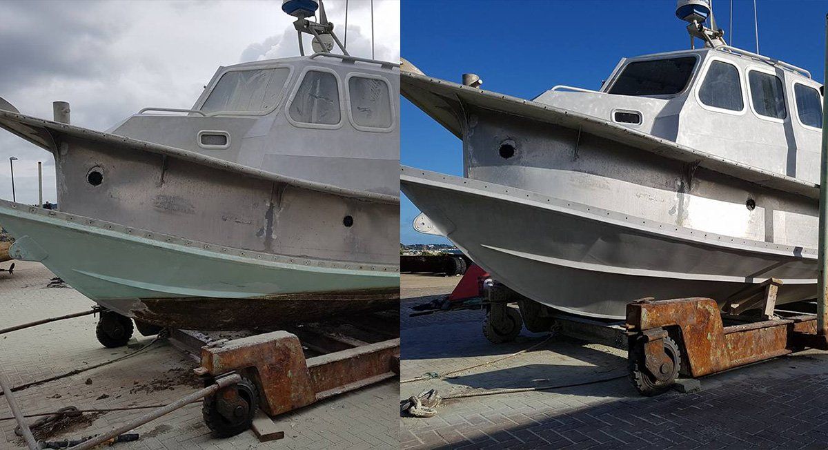 Before and After Removal of Boat's Bottom Paint — Indiana, PA — Keystone Dustless Mobile Media Blasting LLC