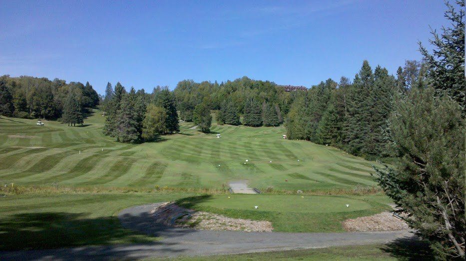 Golf course fairway with green striped grass, trees, and a blue sky.