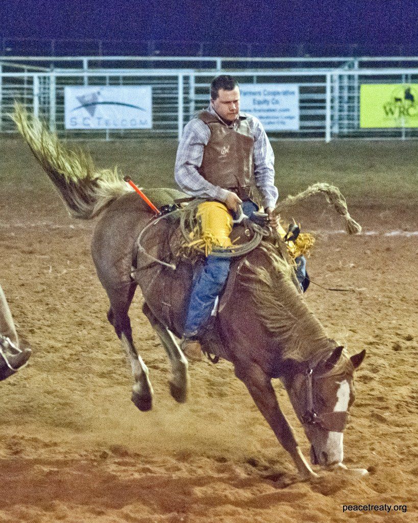 A rodeo rider on a bucking brown horse in an arena, mid-leap over dirt ground.