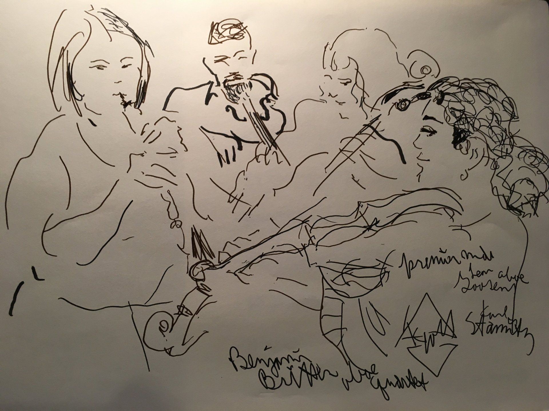 Line drawing of musicians playing instruments.
