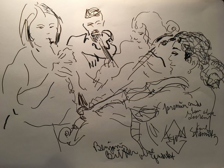 Line drawing of musicians playing instruments.