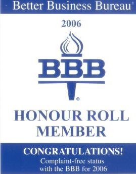 Better Business Bureau Honour Roll Member badge for 2006. Blue and white with the BBB logo and 