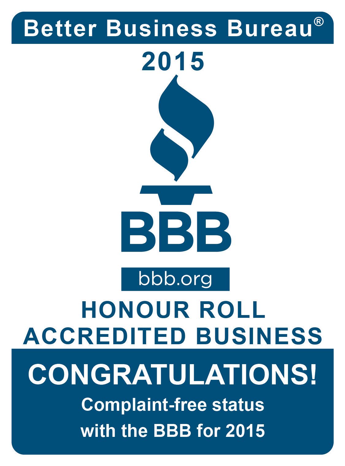 BBB Honour Roll 2015. Blue and white logo with flame, 