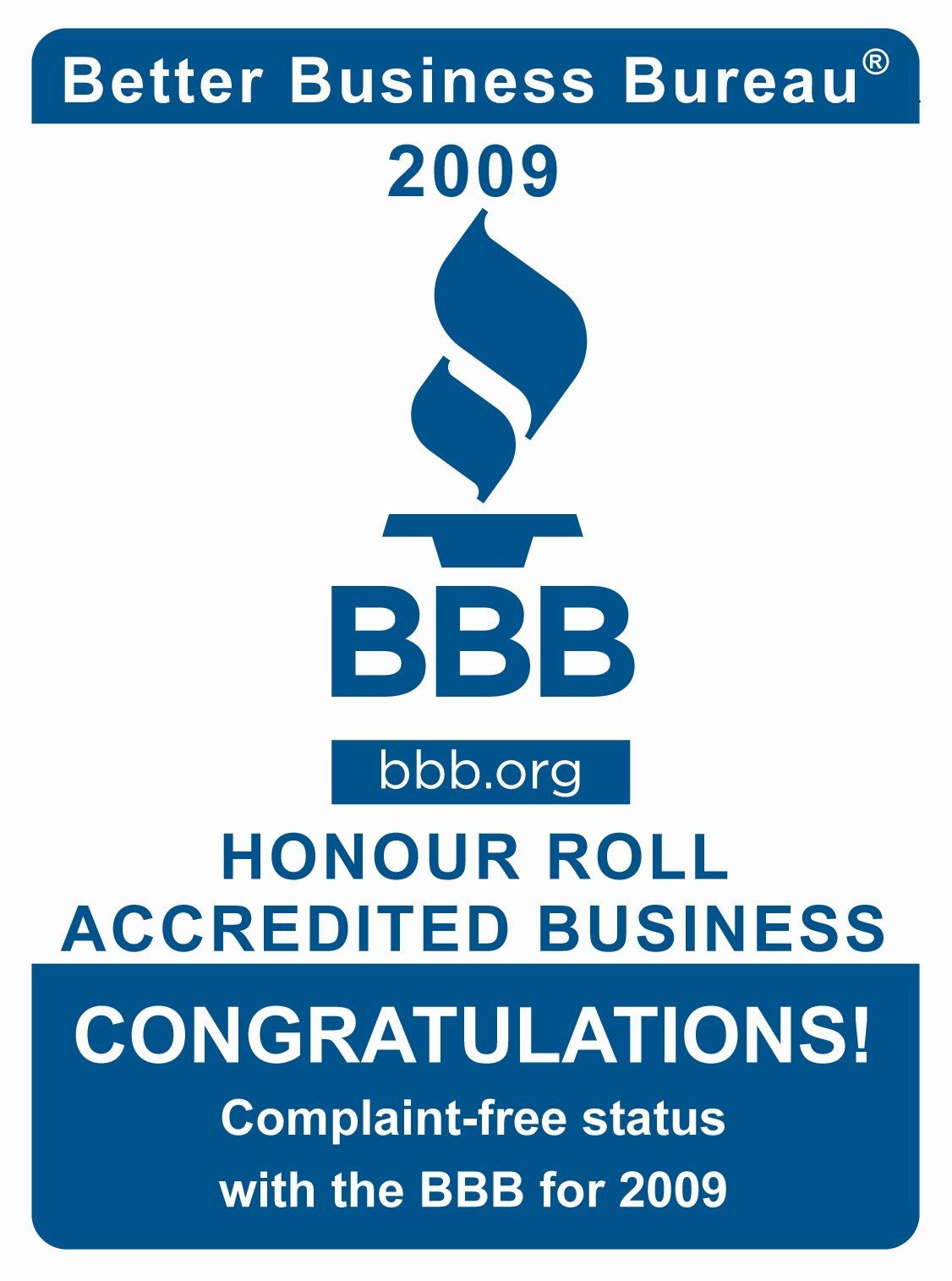 Better Business Bureau 2009 Honour Roll award, blue and white, with flame logo, congratulating on complaint-free status.