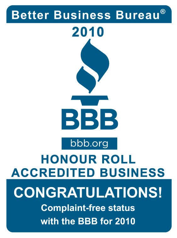 Better Business Bureau 2010 Honour Roll award. Blue logo with flame symbol, 