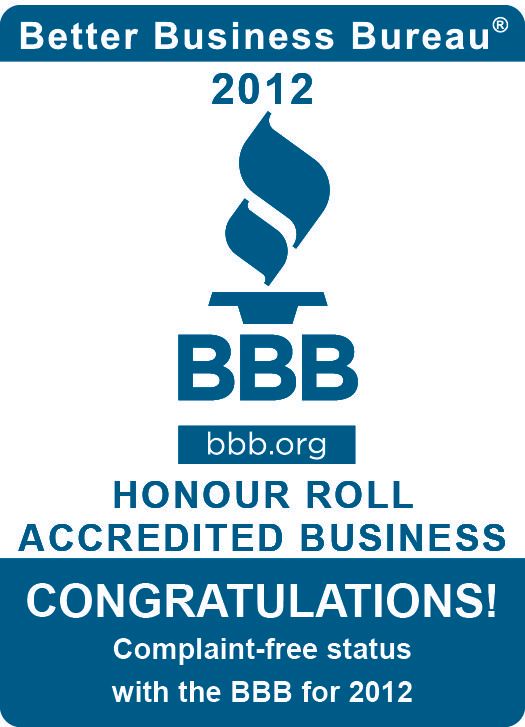 Better Business Bureau 2012 honor roll award. Teal emblem with flame logo, congratulatory message, and complaint-free status.