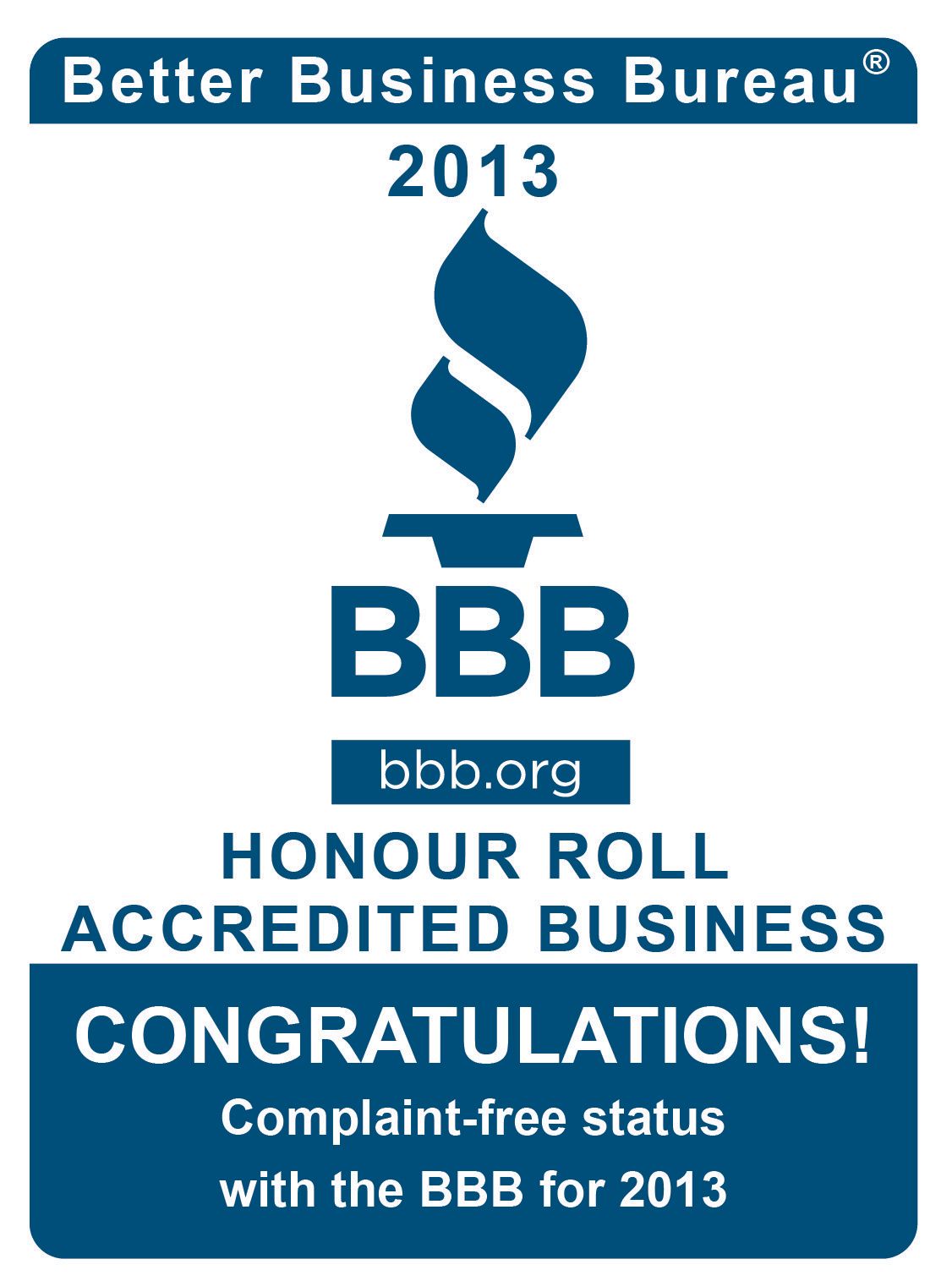 Better Business Bureau 2013 Honour Roll award. Blue and white emblem with the BBB logo and 