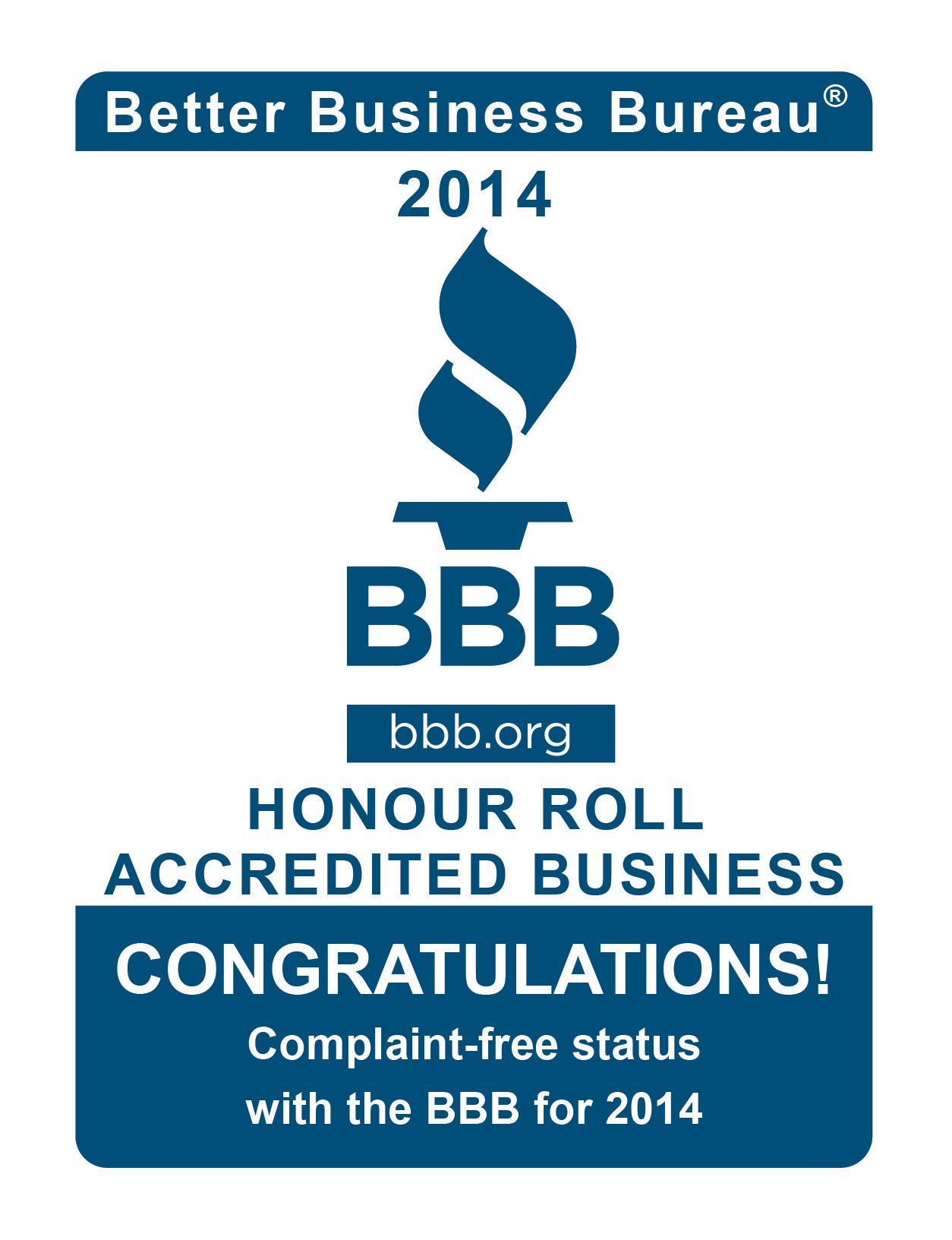 Better Business Bureau honor roll award for 2014, with the BBB logo and 