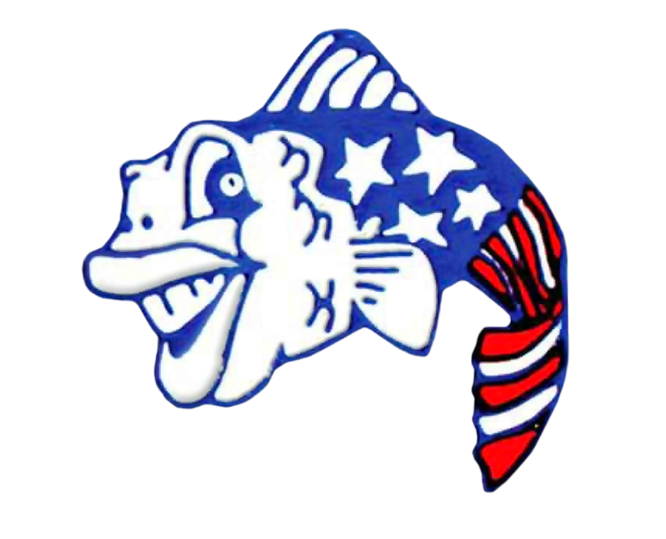A blue white and red fish with stars on its tail