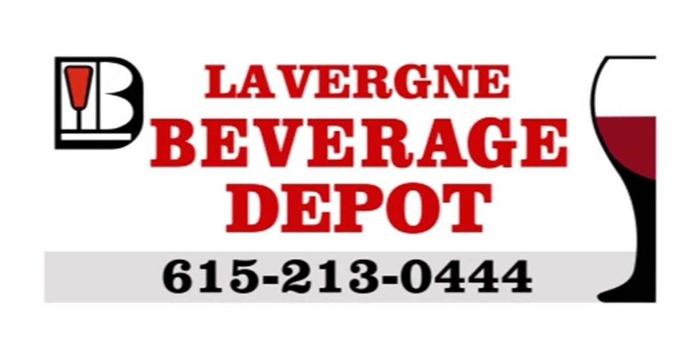 A logo for la vergne beverage depot with a wine glass