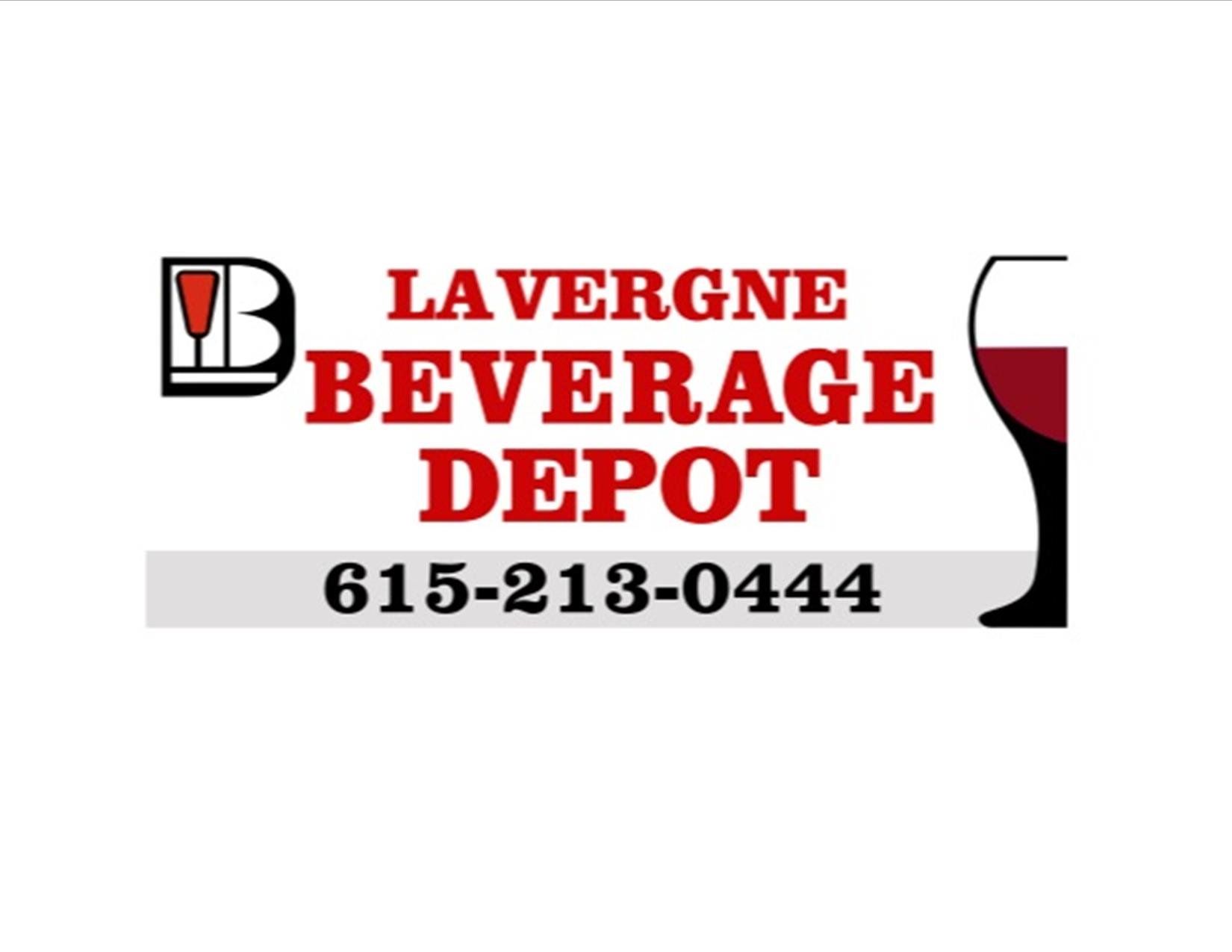 A logo for la vergne beverage depot with a wine glass