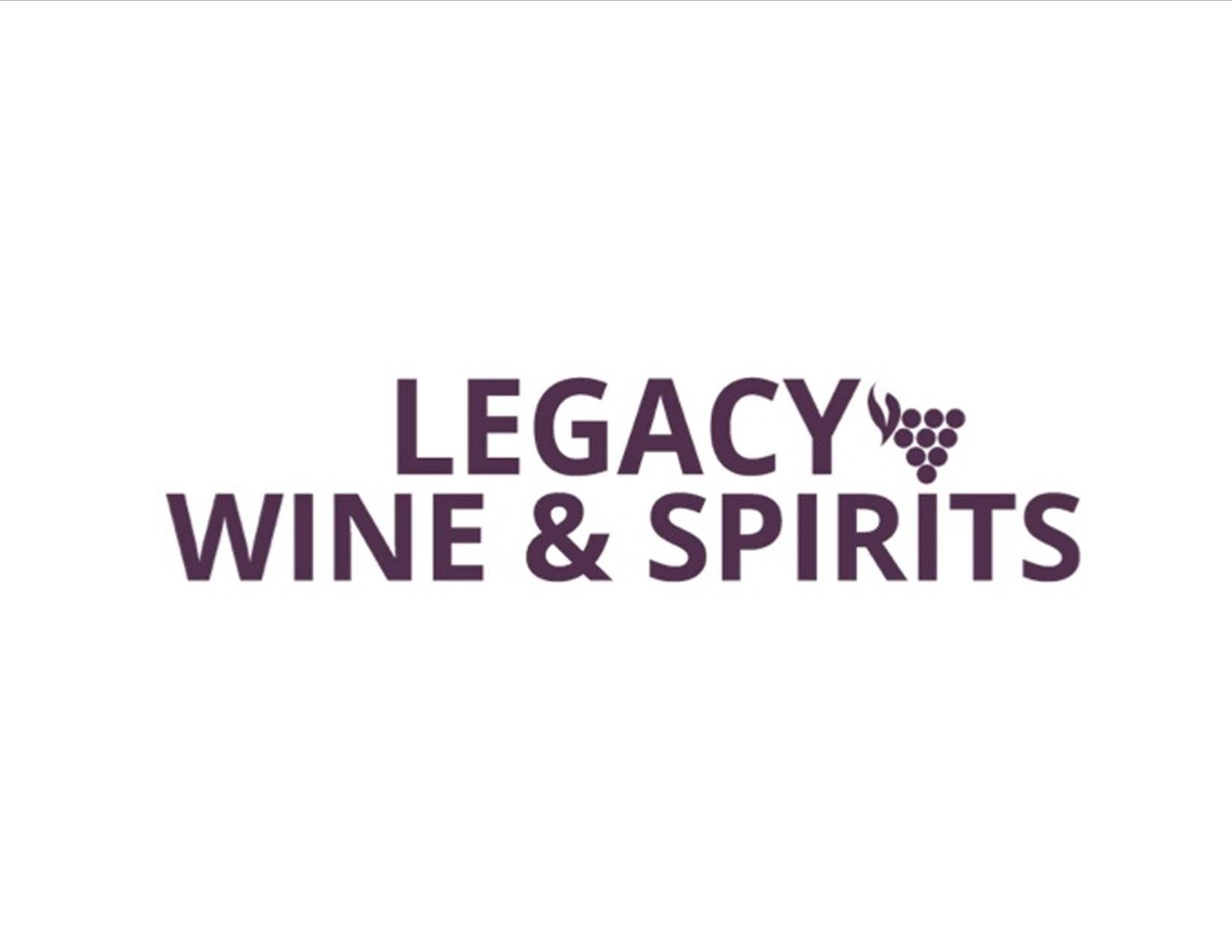 The logo for legacy wine and spirits is purple and has a grape on it.