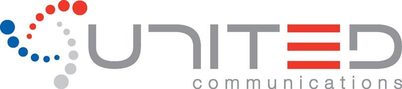 The logo for united communications is red , white and blue
