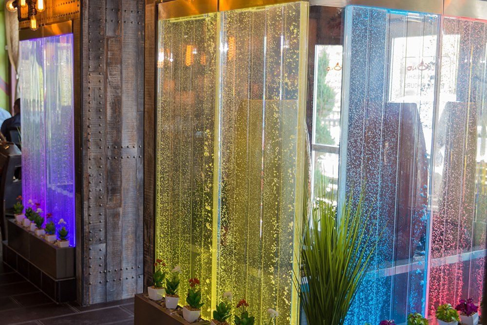 Modern water feature inside Volcano Steak & Sushi