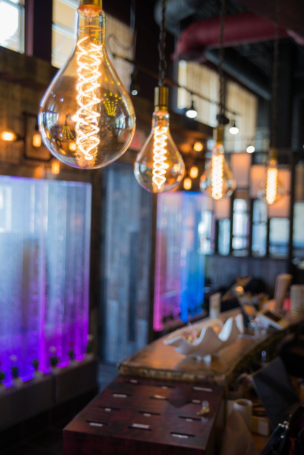 Decorative Edison lighting inside Volcano Steak & Sushi