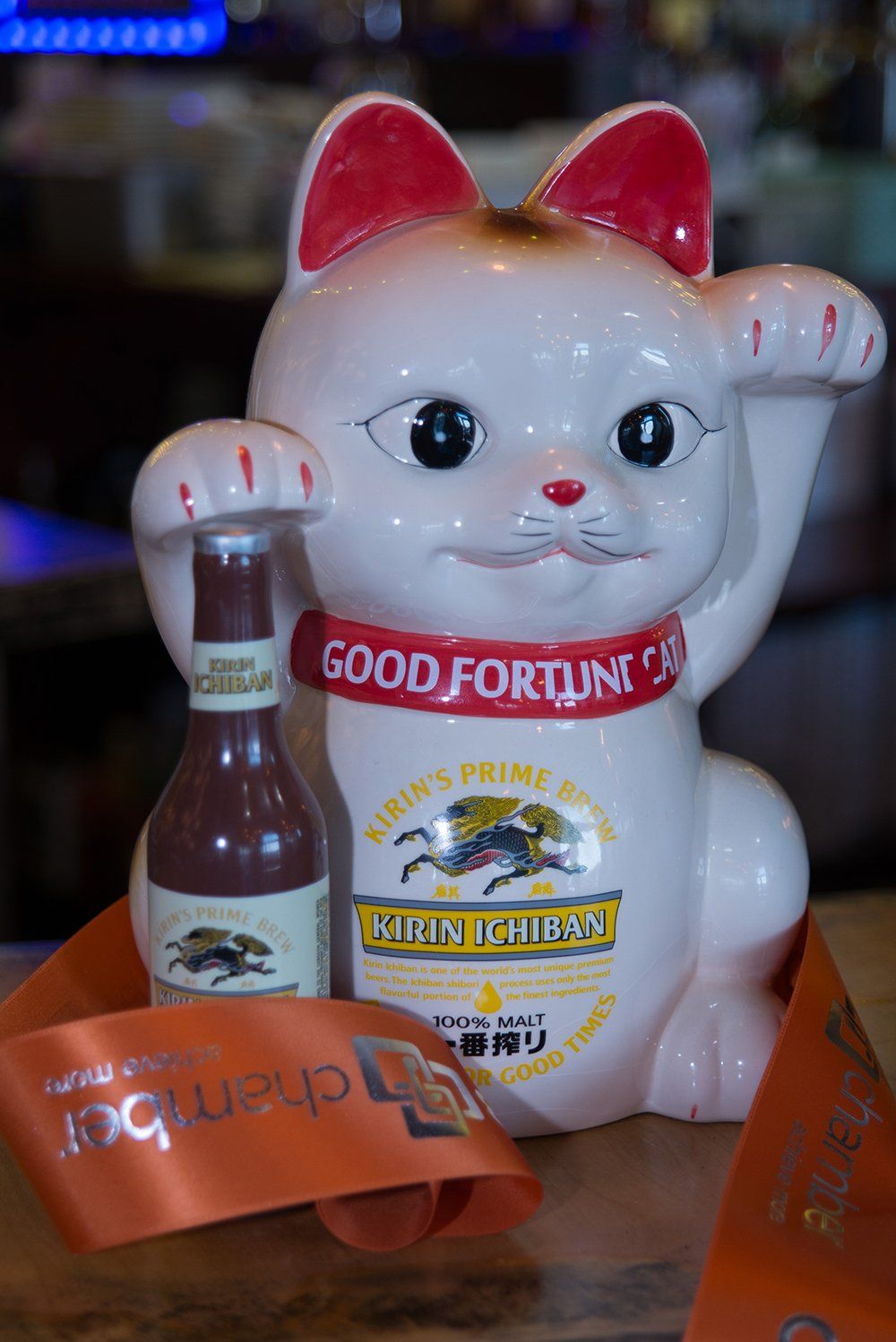 Lucky Maneki-neko cat decoration at Volcano Steak & Sushi