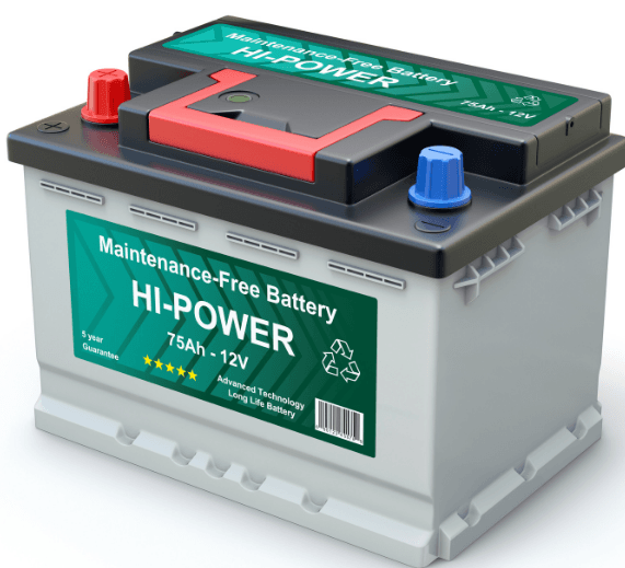 Gray maintenance-free car battery with red and blue terminals and green label.