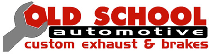 Old School Automotive logo with gray wrench and red text, “custom exhaust & brakes” underneath