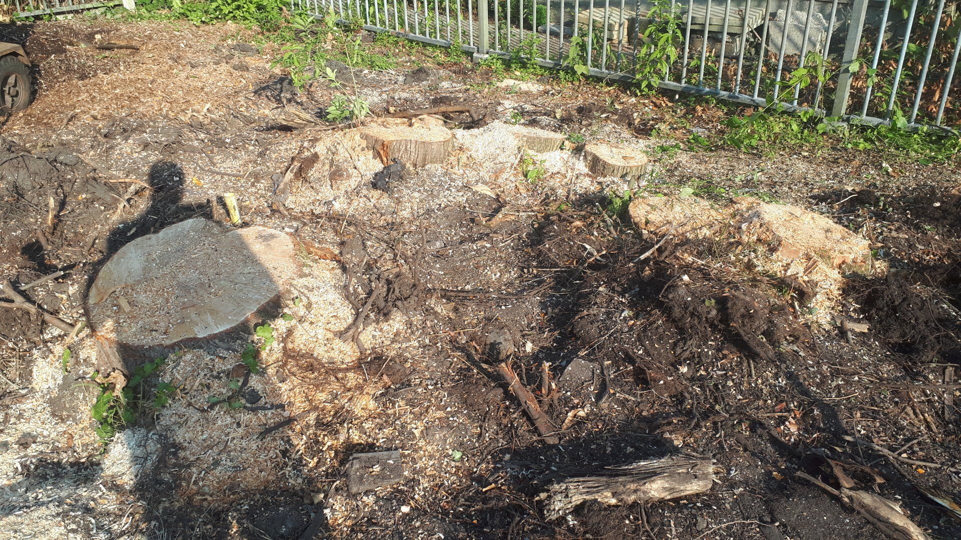 A pile of dirt with a tree stump in the middle of it.