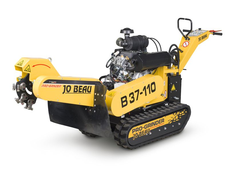 A yellow jo beau b37-110 stump grinder on a white background