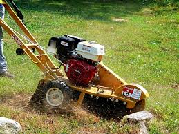 A person is using a stump grinder to remove a tree stump from the ground.