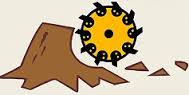 A cartoon illustration of a tree stump with a clock on it.