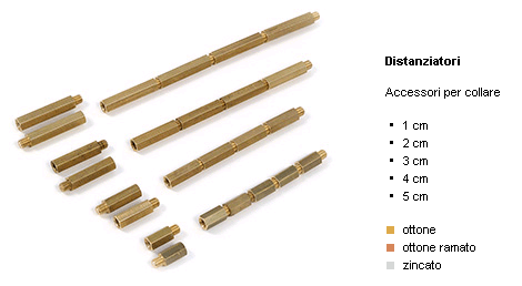 Assortimento di aste di collegamento e distanziatori color oro, disponibili in diverse lunghezze con legenda delle dimensioni.