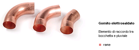 Tre gomiti color rame per tubi su sfondo bianco con testo del prodotto in italiano.
