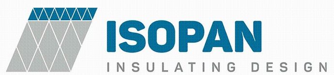 Logo ISOPAN con icona geometrica del tetto color verde acqua e grigio e testo