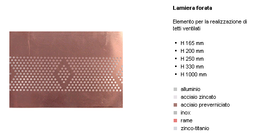 Pannello metallico marrone perforato con motivo a rombi centrale e una piccola lista di specifiche italiane accanto.