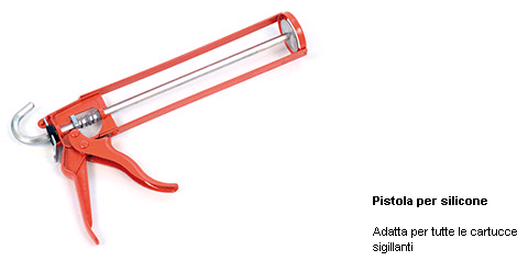Pistola per sigillante rossa con tubo trasparente su sfondo bianco