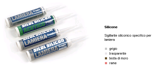 Quattro tubetti di sigillante siliconico in confezioni argento, blu e verdi con etichette in italiano su sfondo bianco.