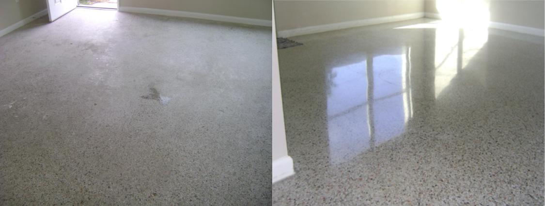 Empty room with light gray carpet on the left and glossy speckled tile reflecting a window on the right.