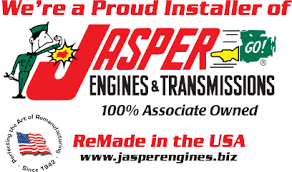 Logo for Jasper Engines & Transmissions: red logo with a worker and American flag, text 