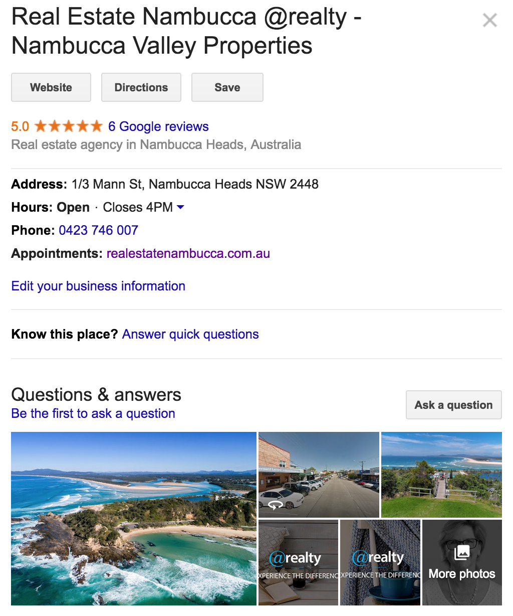 Real Estate Nambucca Heads GMB listing, snip taken 11th of January 2019