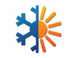 A split circular icon featuring a blue snowflake on the left and an orange sun on the right.