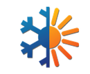 A circular icon split in half: a blue snowflake on the left and an orange sun on the right.
