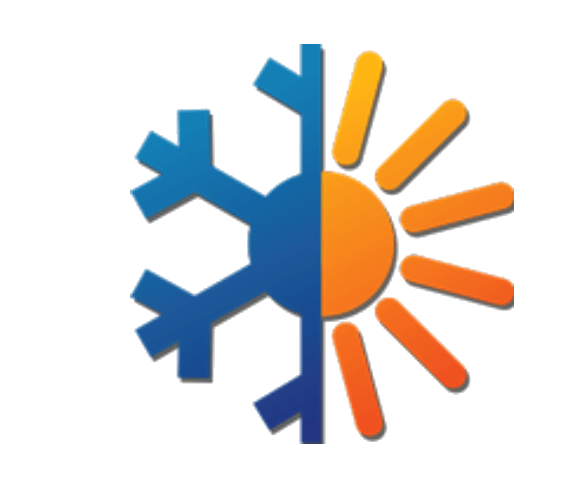 A circular icon split in half: a blue snowflake on the left and an orange sun on the right.