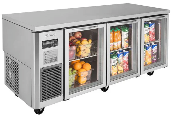Stainless steel commercial undercounter refrigerator with three glass doors, digital display, and casters.