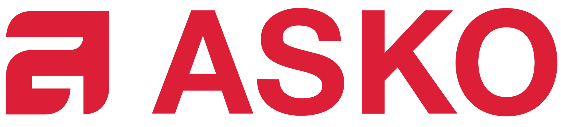 Logotipo rojo de ASKO con una 'A' estilizada seguida de la palabra 'ASKO' en mayúsculas, en negrita y sin serifa.