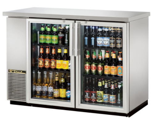 A stainless steel, two-door commercial bar refrigerator with glass doors, fully stocked with various bottles of beer.
