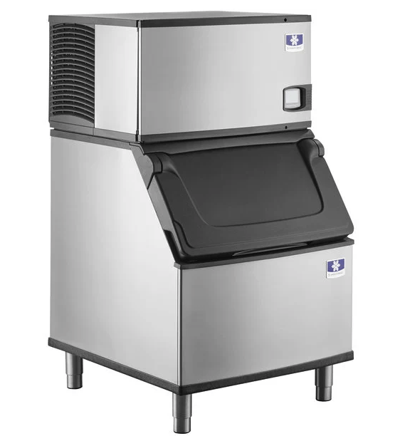 A stainless steel commercial ice maker machine sitting on four metal legs with a black bin door.