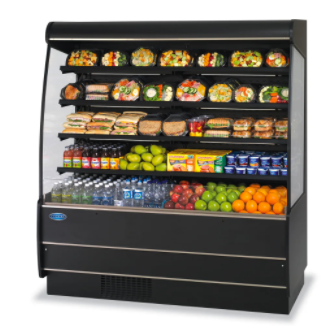 Black open-air refrigerated display case stocked with sandwiches, fruit, snacks, and bottled drinks.