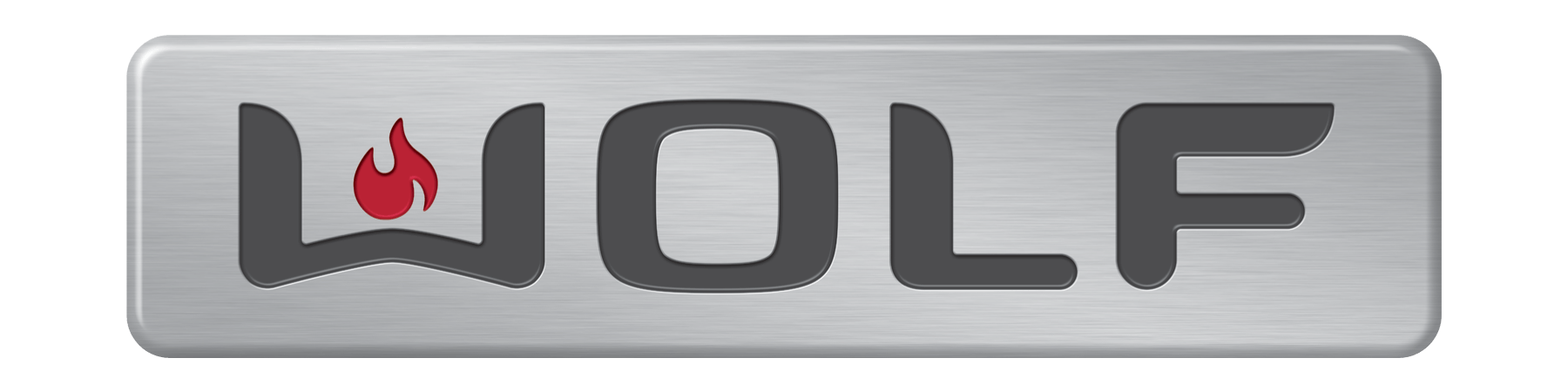 Logotipo rectangular metálico con la palabra 